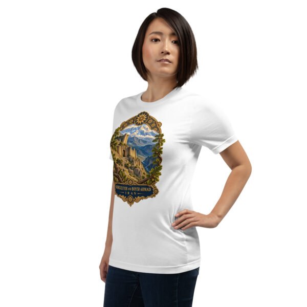 unisex-staple-t-shirt-white-left-front-6acbd04933df6.jpg White Kohgiluyeh and Boyer-Ahmad unisex t-shirt, front view with Tang-e Balqis gorge and Mount Dena design