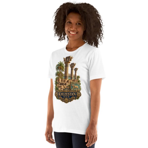 White Khuzestan unisex t-shirt, front view with ancient Susa design