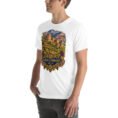White North Khorasan unisex t-shirt, front view with historic citadel of Shirvan and vineyards design