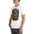 White Khorasan Razavi unisex t-shirt, front view with Tomb of Ferdowsi in ancient Tus design