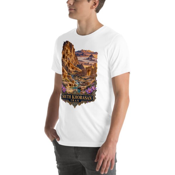 White South Khorasan unisex t-shirt, front view with historic citadel of Birjand design