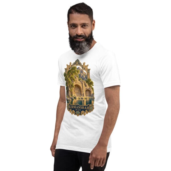 White Kermanshah unisex t-shirt, front view with Taq-e Bostan Sasanian rock reliefs design