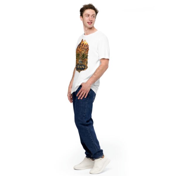 unisex-staple-t-shirt-white-left-front-6acbd5352cb13.jpg White Kerman unisex t-shirt, front view with Arg-e Bam citadel and desert palm groves design