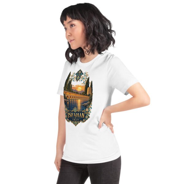 White Isfahan unisex t-shirt, front view with Naqsh-e Jahan Square and Ali Qapu Palace design