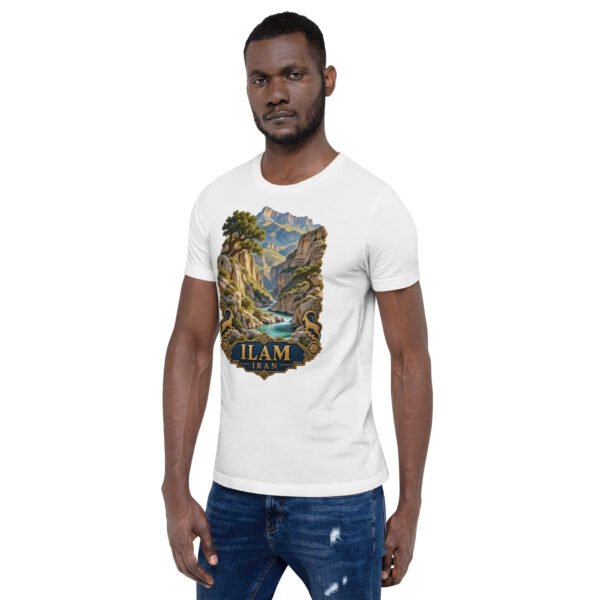 White Ilam unisex t-shirt, front view with Razianeh Gorge in the Zagros Mountains design