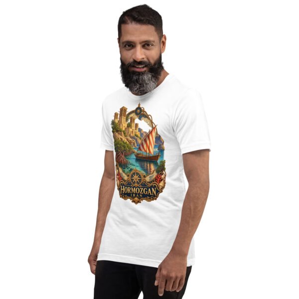 White Hormozgan unisex t-shirt, front view with Portuguese Castle of Hormuz and the Persian Gulf design