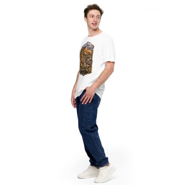 unisex-staple-t-shirt-white-left-front-6acbd9f3e15d8.jpg White Hamedan unisex t-shirt, front view with Ganjnameh inscriptions and Mount Alvand design