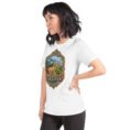 White Golestan unisex t-shirt, front view with Sasanian Great Wall of Gorgan design