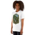 White Gilan unisex t-shirt, front view with Rudkhan Castle in the Hyrcanian forest design