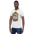 White Qom unisex t-shirt, front view with Deir-e Gachin caravanserai in the desert design