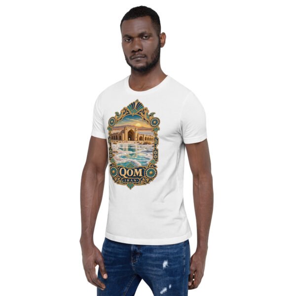 White Qom unisex t-shirt, front view with Deir-e Gachin caravanserai in the desert design