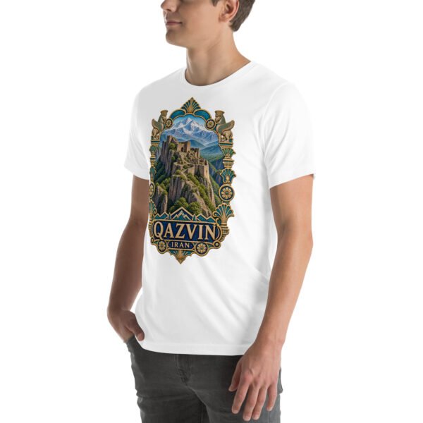White Qazvin unisex t-shirt, front view with Alamut Castle on its rocky Alborz cliff design