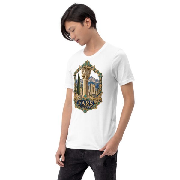 White Fars unisex t-shirt, front view with Persepolis and Achaemenid columns design