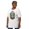 White Chaharmahal and Bakhtiari unisex t-shirt, front view with Zard-Kuh and the Koohrang waterfall design