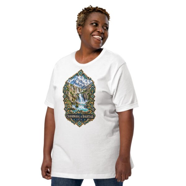 White Chaharmahal and Bakhtiari unisex t-shirt, front view with Zard-Kuh and the Koohrang waterfall design