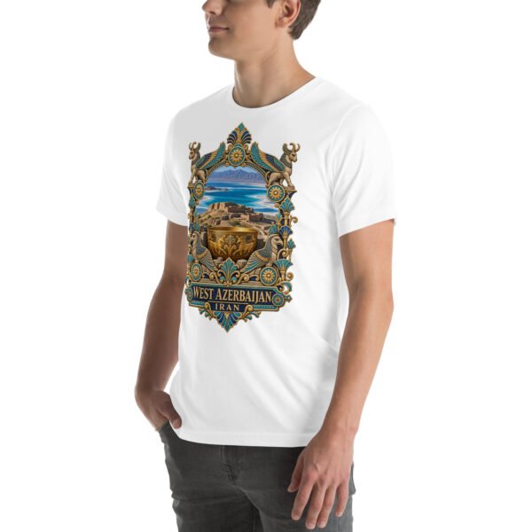 White West Azerbaijan unisex t-shirt, front view with Lake Urmia and the ancient Hasanlu mound design
