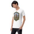White Ardabil unisex t-shirt, front view with ancient Shahr-e Yeri stone figures and Mount Sabalan design