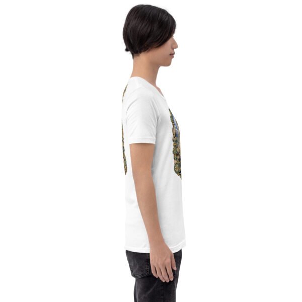White Ardabil unisex t-shirt, with ancient Shahr-e Yeri stone figures and Mount Sabalan design