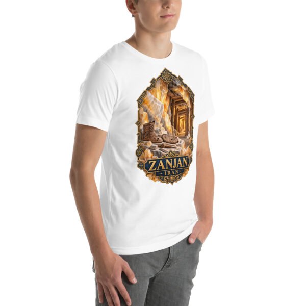White Zanjan unisex t-shirt, front view with Chehrabad salt mine and salt crystals design