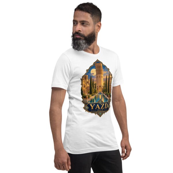 White Yazd unisex t-shirt, front view with Narin Castle of Meybod and a traditional dovecote design