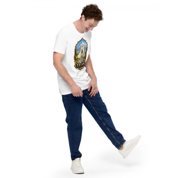White Tehran unisex t-shirt, front view with Azadi Tower and Mount Damavand design