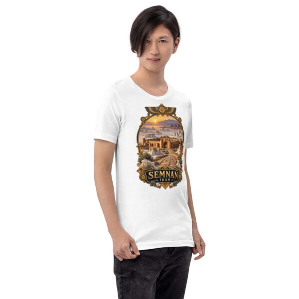 White Semnan unisex t-shirt, front view with Qasr-e Bahram caravanserai in the Dasht-e Kavir design