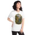 White Mazandaran unisex t-shirt, front view with terraced springs of Badab-e Surt in the Hyrcanian forest design