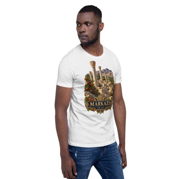White Markazi unisex t-shirt, front view with ancient columns of Khorheh design
