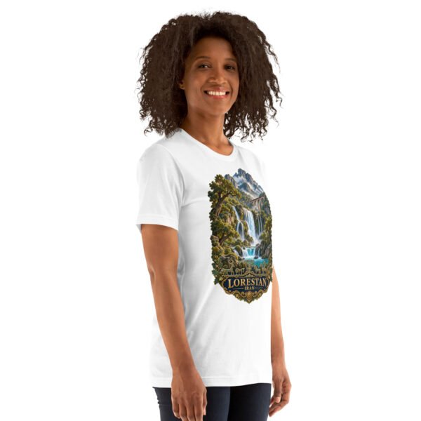 White Lorestan unisex t-shirt, front view with Falak-ol-Aflak Castle in Khorramabad design