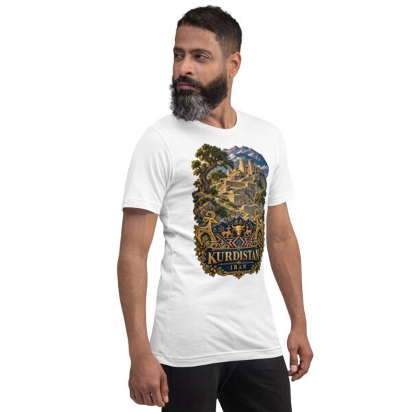 unisex-staple-t-shirt-white-right-front-6acbcf7f1fec6.jpg White Kurdistan unisex t-shirt, front view with Ziwiye fortress and golden Mannaean motifs design