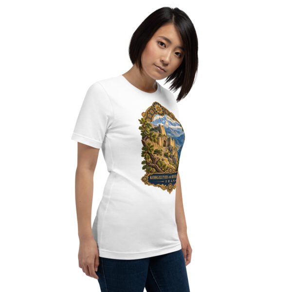 unisex-staple-t-shirt-white-right-front-6acbd0493575a.jpg White Kohgiluyeh and Boyer-Ahmad unisex t-shirt, front view with Tang-e Balqis gorge and Mount Dena design