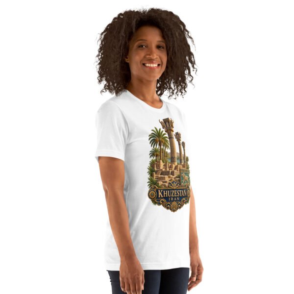 White Khuzestan unisex t-shirt, front view with ancient Susa design