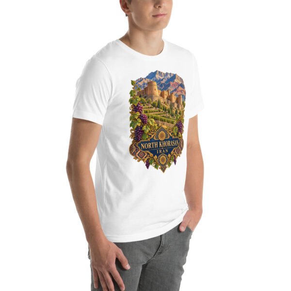 White North Khorasan unisex t-shirt, front view with historic citadel of Shirvan and vineyards design