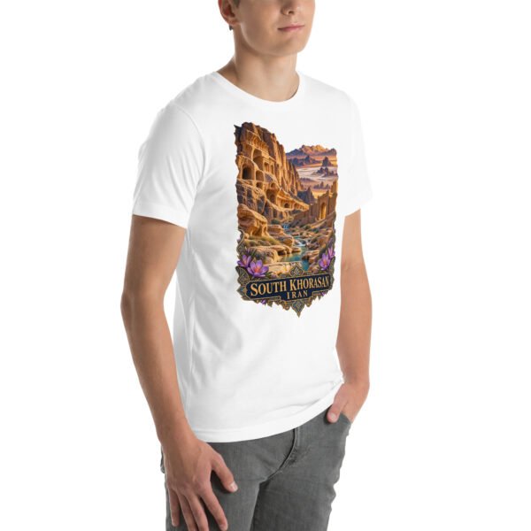 White South Khorasan unisex t-shirt, front view with historic citadel of Birjand design
