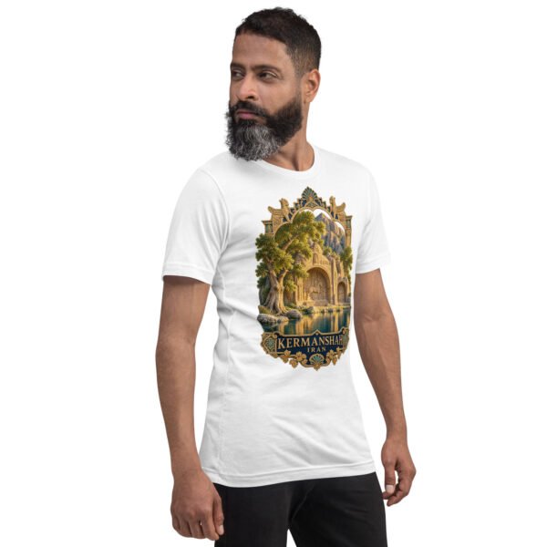 White Kermanshah unisex t-shirt, front view with Taq-e Bostan Sasanian rock reliefs design