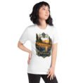 White Isfahan unisex t-shirt, front view with Naqsh-e Jahan Square and Ali Qapu Palace design