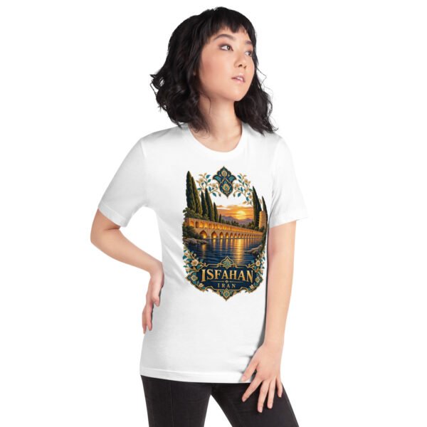 White Isfahan unisex t-shirt, front view with Naqsh-e Jahan Square and Ali Qapu Palace design