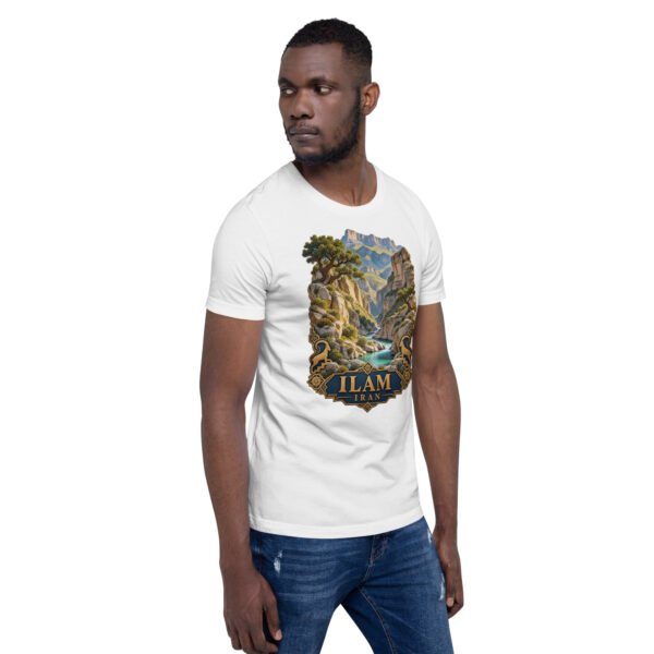 White Ilam unisex t-shirt, front view with Razianeh Gorge in the Zagros Mountains design