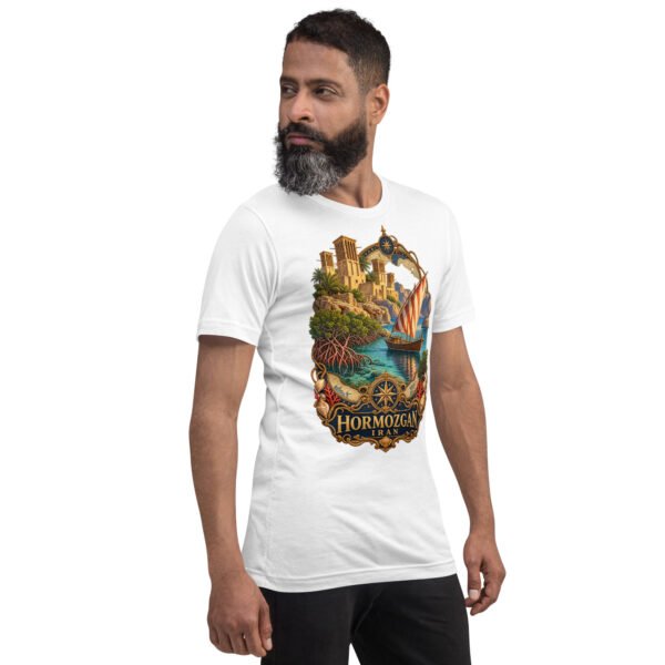 White Hormozgan unisex t-shirt, front view with Portuguese Castle of Hormuz and the Persian Gulf design