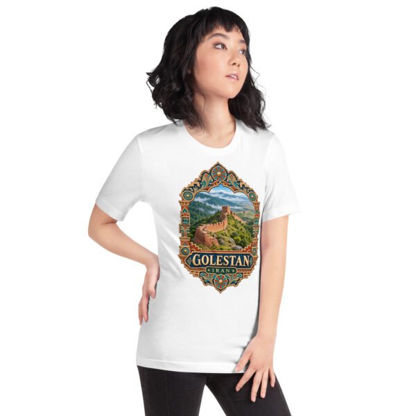 White Golestan unisex t-shirt, front view with Sasanian Great Wall of Gorgan design