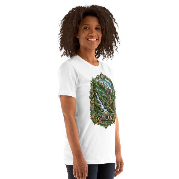 White Gilan unisex t-shirt, front view with Rudkhan Castle in the Hyrcanian forest design