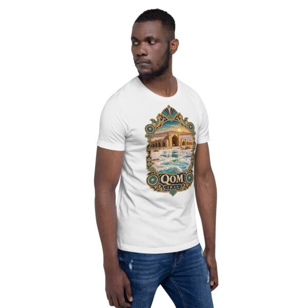 White Qom unisex t-shirt, front view with Deir-e Gachin caravanserai in the desert design