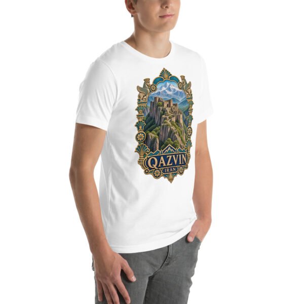 White Qazvin unisex t-shirt, front view with Alamut Castle on its rocky Alborz cliff design
