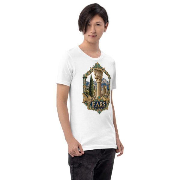 White Fars unisex t-shirt, front view with Persepolis and Achaemenid columns design