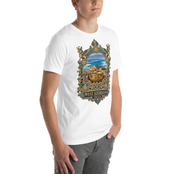 White West Azerbaijan unisex t-shirt, front view with Lake Urmia and the ancient Hasanlu mound design
