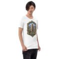 White Ardabil unisex t-shirt, front view with ancient Shahr-e Yeri stone figures and Mount Sabalan design