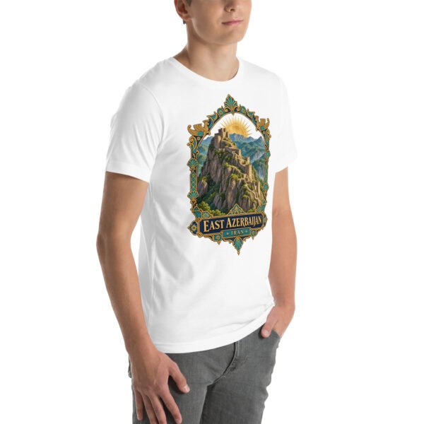 White East Azerbaijan unisex t-shirt, front view with Babak Castle and the Arasbaran valleys design